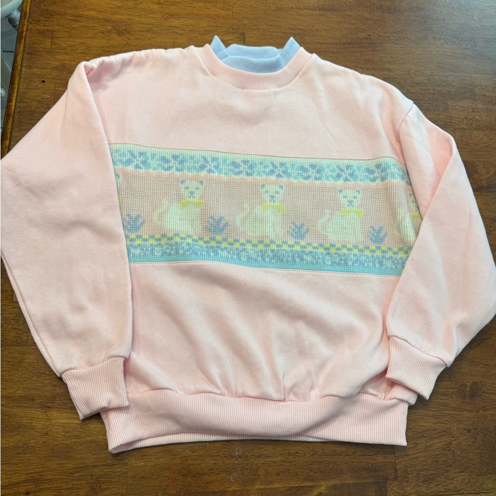 Vintage Simply Basic sweatshirt Pastel Pink Cat mock smocked Sweater size medium